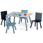 HONEY JOY Kids Table and Chair Set, Pine Wood Toddler Table and 4 Chair Set w/Building Blocks, 5 Pieces Children Furniture Set for Daycare, Classroom, Playroom, Gift for Boys Girls (Blue)