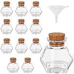 BELLE VOUS 12 Pack of Glass Hexagon-Shaped Jars with Cork Stopper Lids - 45-50ml/1.5-1.7oz - Mini Mason Airtight Storage Bottles & Funnel for Wedding Favours, Parties, Kitchen Spices and Jam