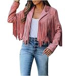 Faux Suede Fringe Jacket Women Long Sleeve Vintage Cropped Coats 70s Hippie Clothes Motor Biker Tassel Cardigan Outwears Pink