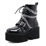 Womens Combat Boots Platform Chains Cross Strappy Chunky Heel Block Ladies Goth Boots Punk Zipper Ankle Booties Size 2.5-9 UK (5,Black)