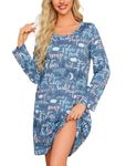 ENJOYNIGHT Women's Cotton Nightgown Long Sleeve Print Nightshirts Casual Sleep Dress(Medium, Blue Letter)