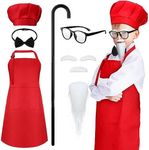 Toulite 9 Pcs 1950s Waiter Child Costume Kit Soda Jerk Costume Red Apron with Chef Hat Bow Tie Glasses Mustache Beard Eyebrow and Walking Cane for Kid Boy Halloween Cosplay Party