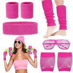 Carreuty 8Pcs Women Ladies 80s Accessories, Pink 80s Fancy Dress Accessories for Women with Wristband Leg Warmers Fishnet Gloves Headband Glasses for Retro Parties Hen Do Parties Girls Kids…