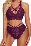 Xs and Os Women's Strappy Lace Bra Panty Lingerie Set (Medium, Purple(Wine))