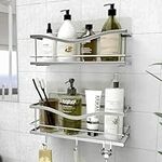 KINCMAX Shower Shelves 2-Pack - Self Adhesive Caddy with 4 Hooks - No Drill Large Capacity Stainless Steel Wall Shelf - Aesthetic Organizers for Inside Bathroom (Polished Silver)