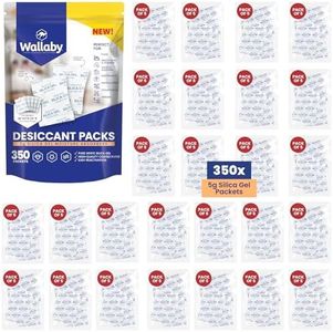 Wallaby 5 gram (350 Packets) Food Safe Pure White Silica Gel Desiccant Dehumidifier Packs - Rechargeable & Coated Moisture Absorbers - Protects Against Moisture Damage - (Packed in 70x Sets of 5)