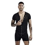 Gymskop Mens Onesie Henley Jumpsuit Adult Stretchy Silk Pajamas Lounge Shirt One Piece Garment Black L