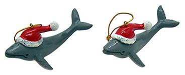 Whale in Santa Hat Christmas Ornament, Nautical Hanging Decor, 4 Inches, Set of 2