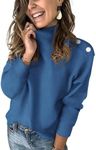 KIRUNDO Women's 2024 Fall Winter Long Sleeve Knit Sweater Turtleneck Striped Loose Pullover Tops Deco with Metal Buttons(B-BL, X-Large) B-Blue