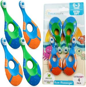 Trueocity Baby Toddler Toothbrush 4 Pack, Soft Bristles, Teething Finger Handle Toothbrushes for 0-2 Years - Training First Set (Blue, Green, Orange) - BPA Free