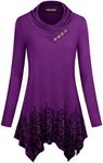 Cestyle Cotton Tunics For Women, Winter Swing A Line Long Top Loose Fit Button Casual Pullover Dressy Warm Sweatshirt Juniors Daily Wear Apparel Vintage Floral Dark Purple Small