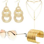 Hicarer 70s Disco Set Rimless Diamond Cutting Sunglasses Wire Metal Coil Bracelets Layered Choker Necklace Triple Swirl Disco Earrings