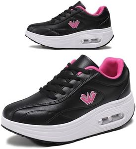 RUIDENG Thick Sole Sneakers Womens Lightweight | Hiking Shoes for Women Walk All Day | Waterproof Leather Rocker Bottom Black Pink Size 9