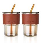 Puraville 2-Pack Iced Coffee Cups with Lids and Straws, 14oz/420ml Glass Tumblers Thick Wall Coffee Mug with Insulated Sleeves,Amber