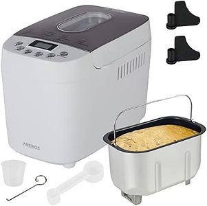 Arebos Machine à pain 1500 g | avec 15 programmes | 2 crochets de pétrissage | Minuteur | Écran LCD | 3 niveaux de brunissage et tailles de pain | 850 W | Blanc