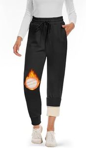 CAMPSNAIL Fleece Lined Sweatpants Woman - Joggers Woman with Pockets High Waisted Thermal Winter Warm Snow Pants Black