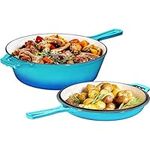 Bruntmor 2 in 1 Enameled cast Iron Pot with lid, 3QT Cast Iron Dutch Oven & Skillet Combo, Enameled Cast Iron Cookware with Lid, Perfect for Braising, Casseroles and Slow Cooking - Caribbean Blue