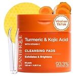 PLANTIFIQUE Kojic Acid and Turmeric Cleansing Pads with Ceramides, Niacinamide & Vitamin C - 60 Exfoliating Face Pads for Dark Spots and Hyperpigmentation - Daily Skincare