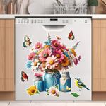 Flower Dishwasher Magnet Cover, Flower Vase Fridge Magnets Spring Bird Refrigerator Sticker Flower Dishwasher Sticker Cover Flower Magnets for Fridge Magnetic Bird Dishwasher Sticker Kitchen Decor
