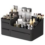 Black Plastic Vanity Makeup Organizer, 6-Compartment Holder for Brushes, Eyeshadow Palettes, & Beauty Supplies, Easy to use with drawer organizer tray