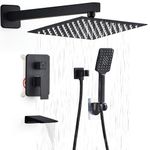 LCEVCGK Shower Faucet Set Complete Matte Black Shower System with 12 inch Square Rainfall Shower Head 3-Function Handheld Shower Waterfall Bathtub Spout Rain Shower Combo Set Bathroom Wall Mounted