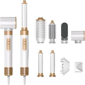 TAMEFOX 8 in 1 High-Speed Hair Styler & Hair Dryer Brush Set, 110,000 RPM 300M Negative Ion Hot Air Styler with Auto Wrap Curlers, Diffuser, Volumizer, Thermal Brush & Straightener for Fast Drying & Frizz-Free Shine (Premium White) (Champagne White)