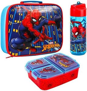 Zawadi Global Spiderman Kids Childrens Lunch Box Set – Insulated Lunch Bag, Multicompartment Lunch Box & 540ml Water Bottle - School Travel Lunch Food Set, BPA Free