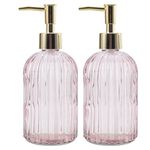 14 OZ Hand Soap Dispenser, Premium Glass Hand Soap Dispenser with Vertical Stripe, Refillable Liquid Hand Soap Dispenser for Kitchen Sink & Bathroom (Pink 2 Pack)