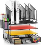 Marbrasse Desk Organizer with Drawer, 4-Tier Mesh Desk File Organizer with 5 Vertical File Holders and 2 Pen Holders, Multifunction Desktop Organizer