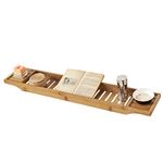 SoBuy Bath Tray Shelf in Bamboo, 80cm Wooden Bathtub Caddy Rack for Large Bathtubs, Wine Glass Holder & Candle Slot, FRG212-N