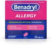 Benadryl Ultratabs Antihistamine Allergy Relief Medicine, 25 mg Diphenhydramine HCl Tablets For Relief of Cold & Allergy Symptoms Such as Sneezing, Runny Nose, & Itchy Eyes & Throat, 24 ct