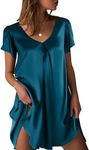 Ekouaer Women's Satin Nightgown Short Sleeve Sleepdress V-Neck Sleepwear Loose Silk Sleepshirt, Blue Green, X-Large