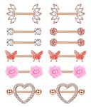 HAIAISO 6 Pairs 14G Stainless Steel Nipple Rings Tongue Ring CZ Barbell Heart-Shape Flower Butterfly Nipple Piercing Jewelry for Women