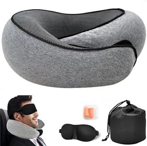 Travel Neck Pillow 100% Pure Memory Foam Neck Pillow, Comfortable & Breathable Cover, Machine Washable, Airplane Travel Kit with 3D Contoured Eye Masks, Earplugs and Luxury Bag (Grey)