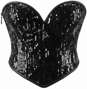 WERFORU Women PU Leather Corset Top Strapless Bustier,Sequin Black,L