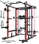 EonfitOmni Eonfit E5 Smith Machine with Vertical Leg Press, Power Cage Squat Rack with LAT-Pull Down Cable Crossover Rotating Arms System Home Gym Equipment All in One (RED, STD)