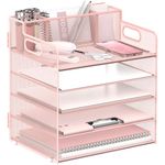 JMHUD 5-Tier Paper Letter Tray Organizer with Pen Holder, Mesh Desk Accessories & Workspace Organizers with Handle, File Sorter Office Supplies for Desk,Pink