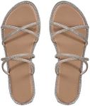 OYOANGLE Women's Rhinestone Strappy Open Toe Slide Sandals Slip on Casual Flat Sandals Apricot Beige 7.5