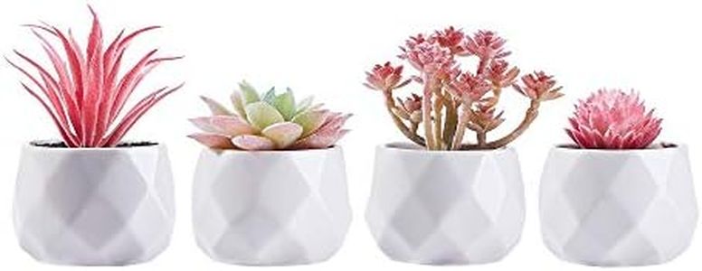 CADNLY Small Fake Desk Plant – Pink Decor for Women Desk - Artificial Succulent Plants - Faux Succulents in White Ceramic Pots – Mini Pink Succulent Decor for Bedroom Bathroom Bookshelf Office