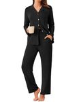 Ekouaer Womens Ribbed Knit Pajama Sets 2 Piece Lounge Set Long Sleeve Button Down Pjs Sleepwear Set with Pockets Black Medium