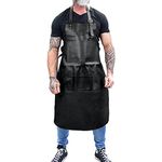 LINDSEY STREET Black Leather Apron with Pockets Leather Butchers Apron Bib Barista Baker Bartender BBQ Chef Barber Uniform (Black)