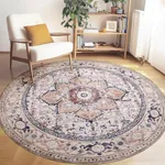 PURRUGS Vintage Farmhouse Boho Area Rug 6x6 ft, Non-Slip Machine Washable Round Rug, Accent Oriental Rug for Dining Room, Living Room, Bedroom, Entryway and Kitchen, Coral Red/Marine Blue