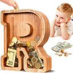 SummiDate Wooden Letter Piggy Bank| Piggy Bank for Boys Girls Toddler| Alphabet E Money Bank| Coin Bank Birthday Gift for Kids|Children's Gift (R)