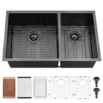 33 Inch Black Double Bowl Undermount Kitchen Sink-VASOYO 33x19 Black Kitchen Sink Undermount Sink 16 Gauge Stainless Steel 60/40 Low Divide Double Bowl Kitchen Sink with Cutting Board