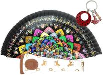 Folding Fan with Leather Cover, Printed Cotton Fabric on Wood, Mandala Fans with Magnet or Spanish Habits Keyring (Black White Border)