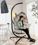Mojia Patio Wicker Hanging Egg Swing Chair with Stand, Hammock Egg Chairs Foldable UV Resistant Cushions 440lbs Capaticy (Gray)