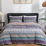 Duvet Cover Queen Boho Style Retro Striped Duvet Cover Bedding Set 90 x 90 inches, 3pc Luxury Soft Breathable Microfiber Comforter Cover Queen Size with Zipper Ties and 2 Pillowshams, Purple