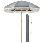 CHRISTOW Portable Garden Parasol with Tilt, 2m Cotton Tassel Beach Umbrella, Outdoor Patio Sunshade, Tilting Canopy, Steel Pole with Wood Effect, UV50+ Sun Protection, Water Resistant, Bag (Grey)