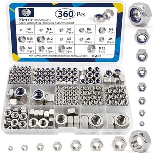ZQZ 360 Pack Metric Hex Nuts & Locknuts Assortment Kit，M3 M4 M5 M6 M8 M10 M12 304 Stainless Steel Assorted Nylon Insert Lock Nuts Sets，Standard Thread Nylock Nuts