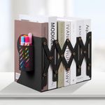 Adjustable Bookends, Metal Book Ends for Shelves Heavy Book, Desk Magazine File Organizer for Home, Office, Books, Papers, Extends up to 19 inches with Pen Holder (Black)